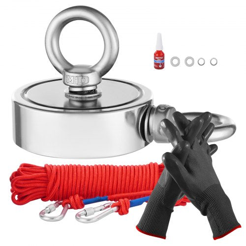 Magnet Fishing Kit, 1000 LBS/454 Kg Double-Sided Pulling Force Strong Magnet Fishing Kit, Rare Earth Neodymium Magnetic Fishing Kit Includes Grappling Hook, Heavy Duty Rope, Gloves and Eyebolt