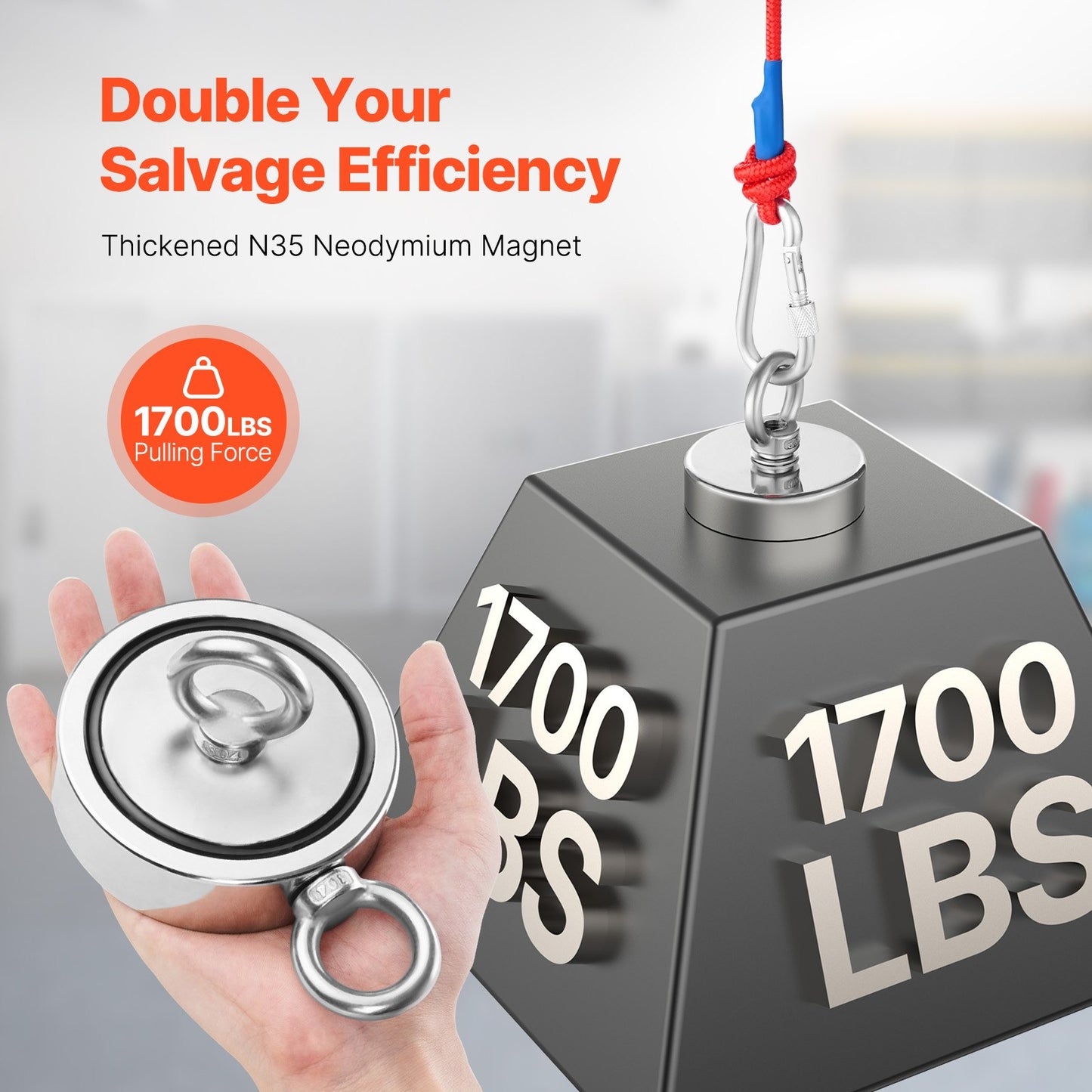 1700 LBS Strong Fishing Magnet Kit Double Sided Traction Rope Carabiner