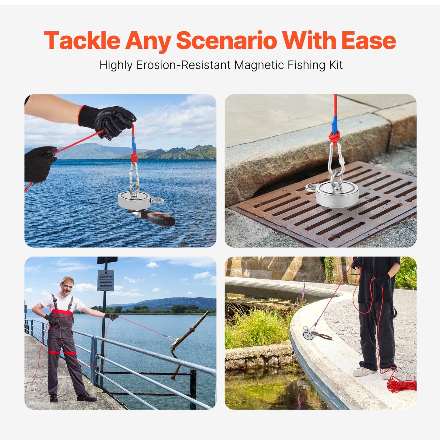 1700 LBS Strong Fishing Magnet Kit Double Sided Traction Rope Carabiner