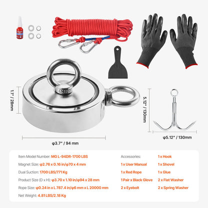 1700 LBS Strong Fishing Magnet Kit Double Sided Traction Rope Carabiner