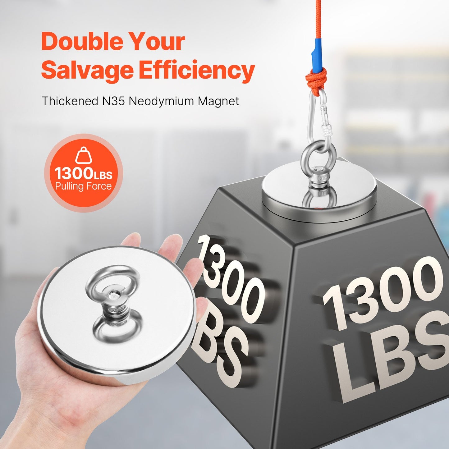 1300 LBS Strong Fishing Magnet Kit Enkelsidig dragkraftsrep karbinhake