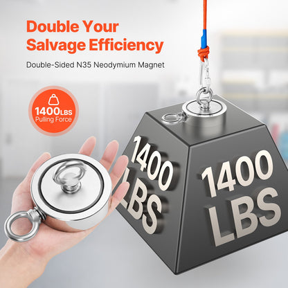 1400 LBS Starkes Angelmagnet-Kit Doppelseitiger Karabiner mit Zugkraft