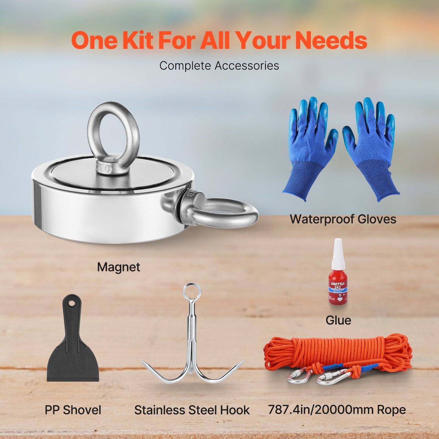 Magnet Fishing Kit, 1700 LBS/771 Kg Double-Sided Pulling Force Strong Magnet Fishing Kit, Rare Earth Neodymium Magnetic Fishing Kit Includes Grappling Hook, Heavy Duty Rope, Gloves and Eyebolt
