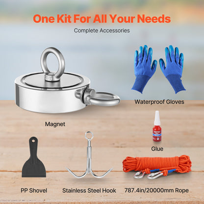 Magnet Fishing Kit, 1700 LBS/771 Kg Double-Sided Pulling Force Strong Magnet Fishing Kit, Rare Earth Neodymium Magnetic Fishing Kit Includes Grappling Hook, Heavy Duty Rope, Gloves and Eyebolt