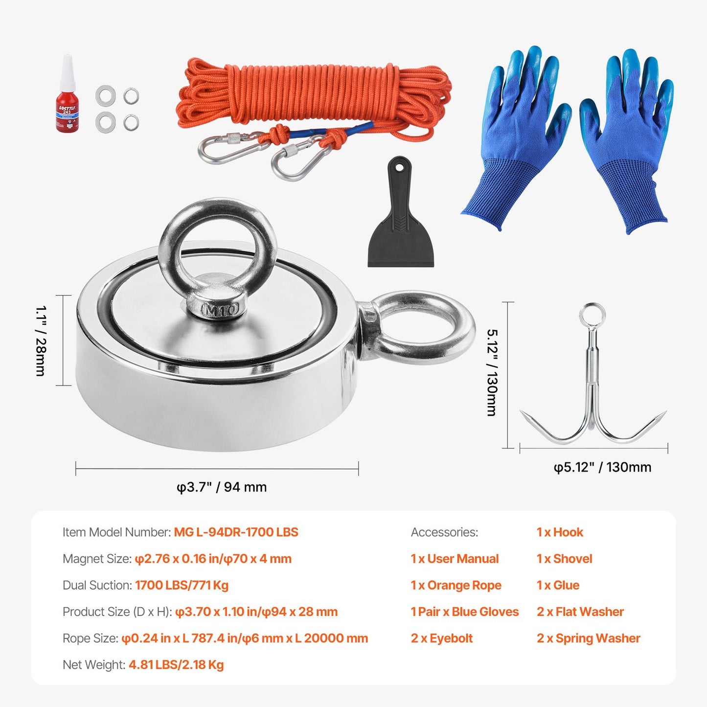 Magnet Fishing Kit, 1700 LBS/771 Kg Double-Sided Pulling Force Strong Magnet Fishing Kit, Rare Earth Neodymium Magnetic Fishing Kit Includes Grappling Hook, Heavy Duty Rope, Gloves and Eyebolt