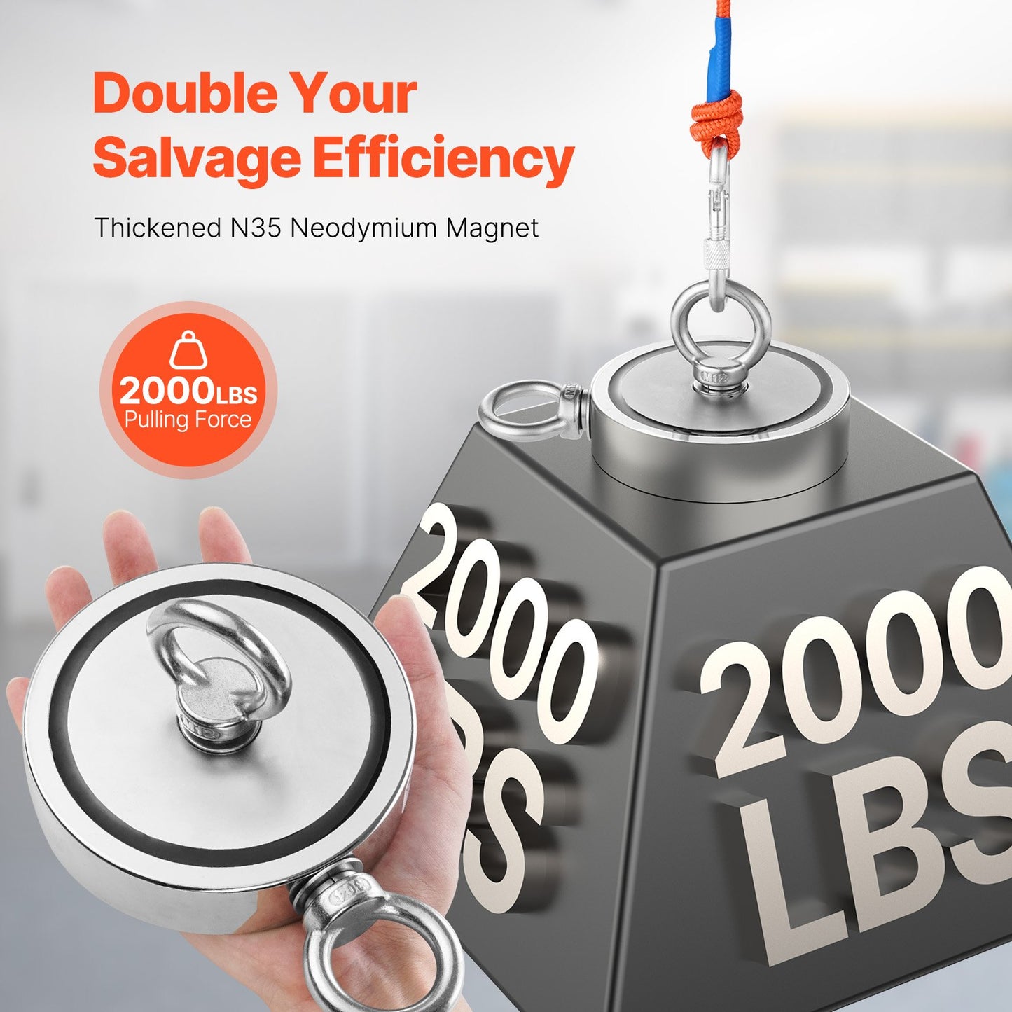 2000 LBS Strong Fishing Magnet Kit Double Sided Traction Rope Carabiner