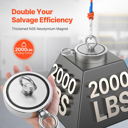 2000 LBS Strong Fishing Magnet Kit Double Sided Traction Rope Carabiner