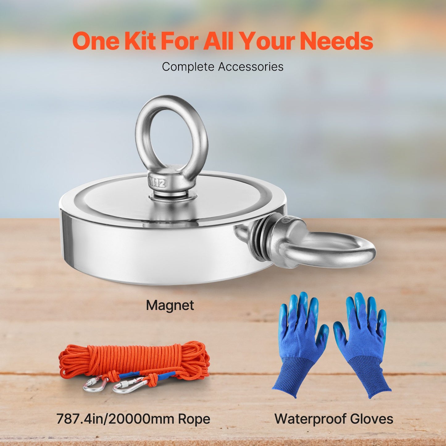 2000 LBS Strong Fishing Magnet Kit Double Sided Traction Rope Carabiner