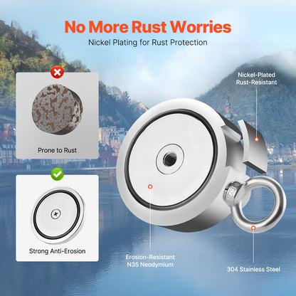 2000 LBS Strong Fishing Magnet Kit Double Sided Traction Rope Carabiner