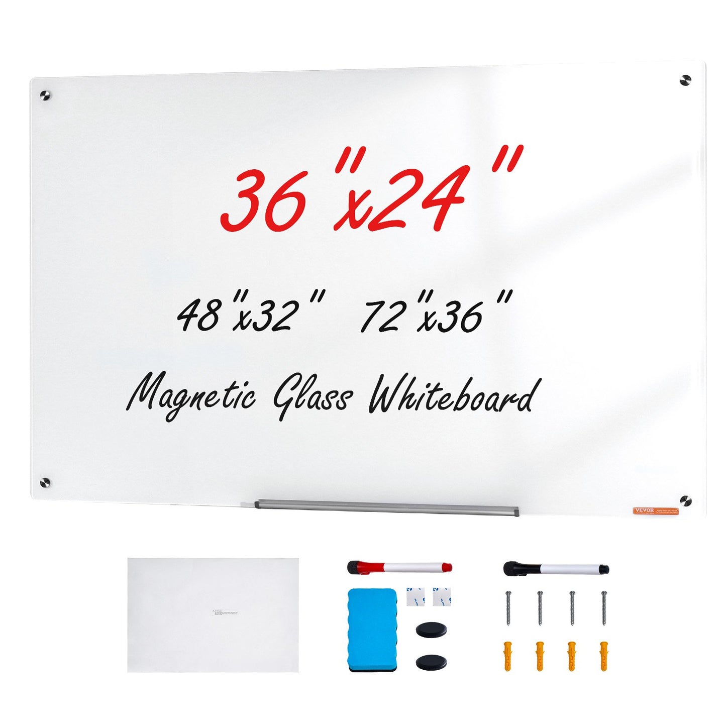 Magnetisches Glas-Whiteboard, Dry Erase Board 900 x 600 mm, Wandmontage, großes weißes Glasboard, rahmenlos, mit Markierungsablage, einem Radiergummi und 2 Markern, weiß