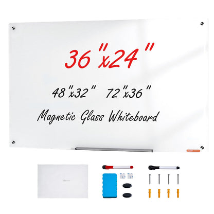 Magnetisches Glas-Whiteboard, Dry Erase Board 900 x 600 mm, Wandmontage, großes weißes Glasboard, rahmenlos, mit Markierungsablage, einem Radiergummi und 2 Markern, weiß