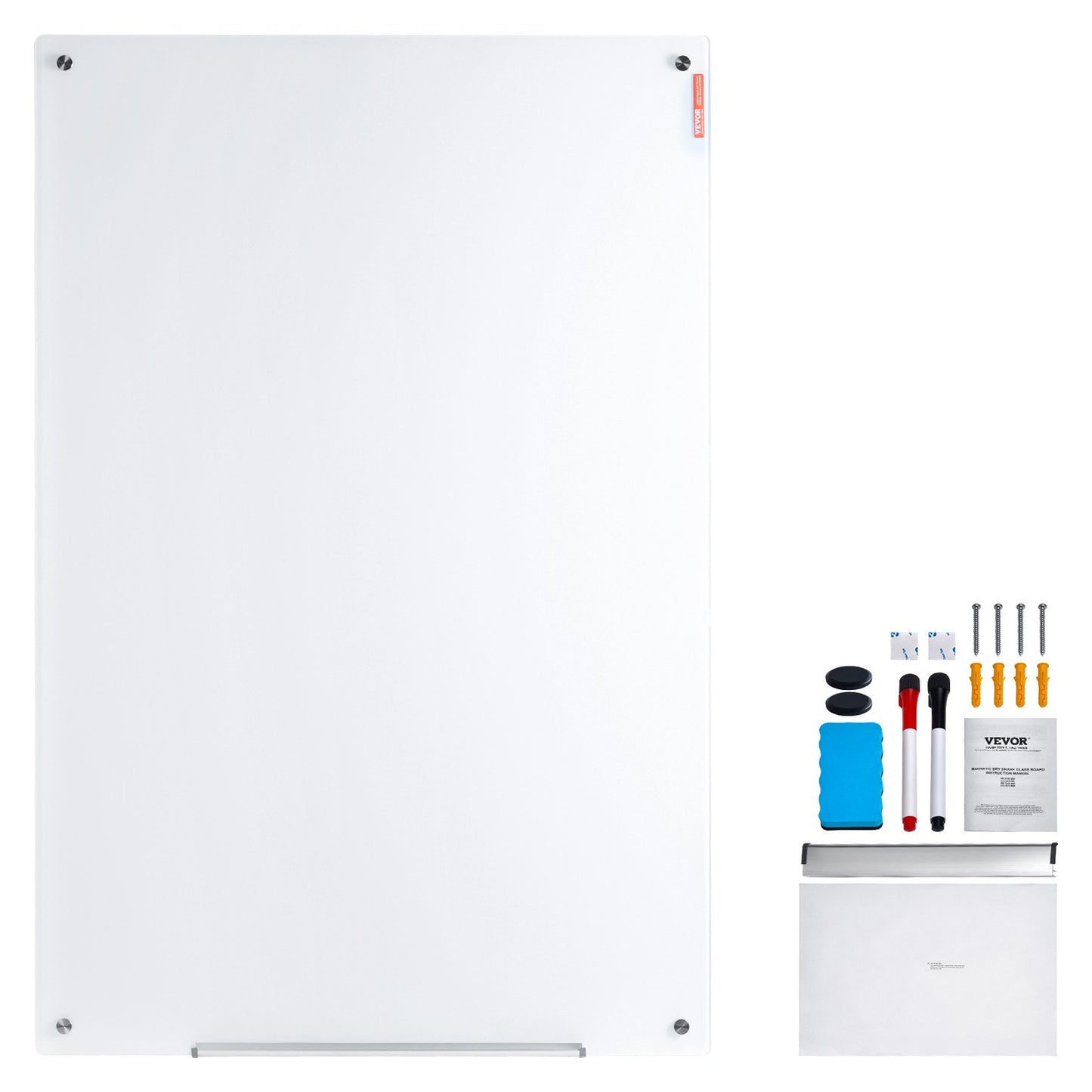 Magnetisches Glas-Whiteboard, Dry Erase Board 900 x 600 mm, Wandmontage, großes weißes Glasboard, rahmenlos, mit Markierungsablage, einem Radiergummi und 2 Markern, weiß