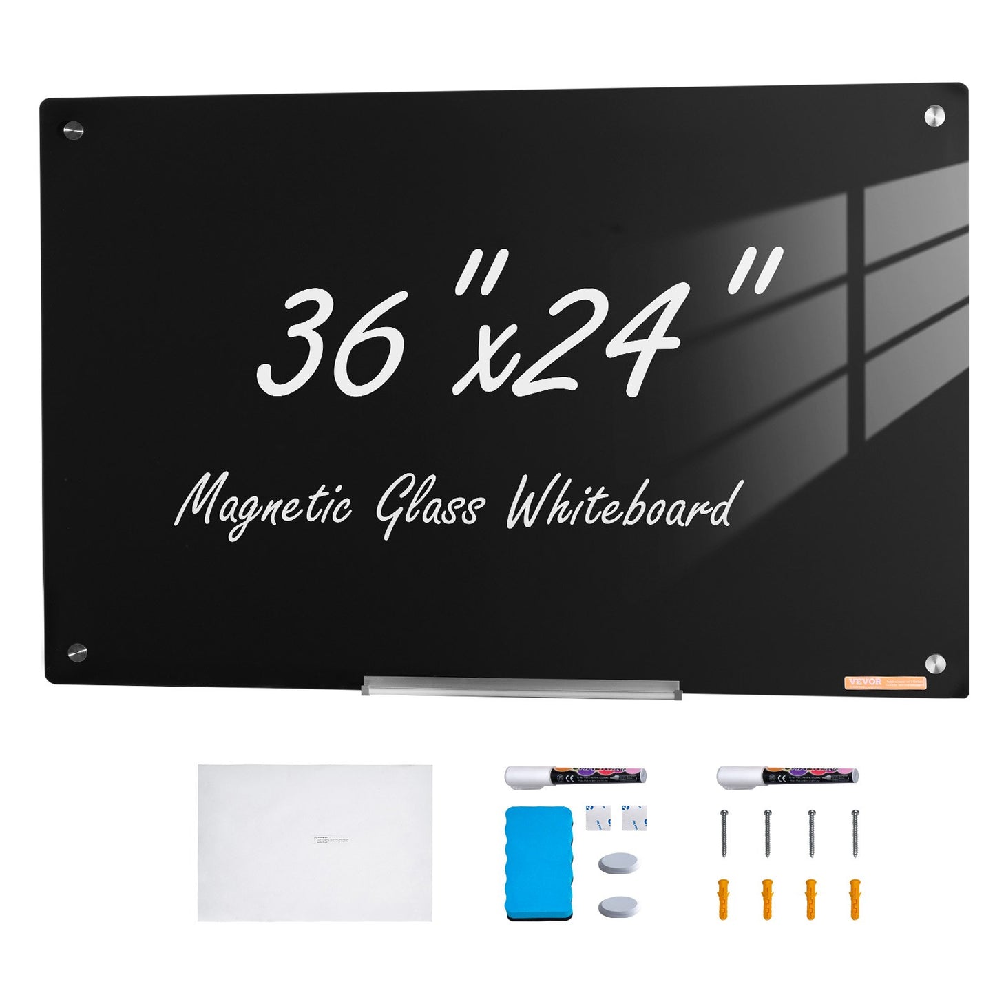 Magnetisches Glas-Whiteboard, trocken abwischbare Tafel 36"x24", große weiße Glastafel zur Wandmontage ohne Rahmen, mit Stiftablage, einem Radiergummi und 2 Stiften, schwarz