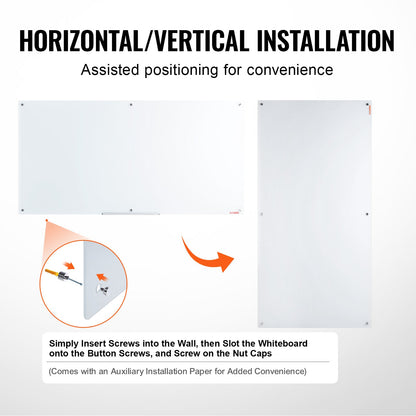 Magnetic Glass Whiteboard, Dry Erase Board 72"x36", Wall-Mounted Large White Glassboard Frameless, with Marker Tray, an Eraser and 2 Markers, White