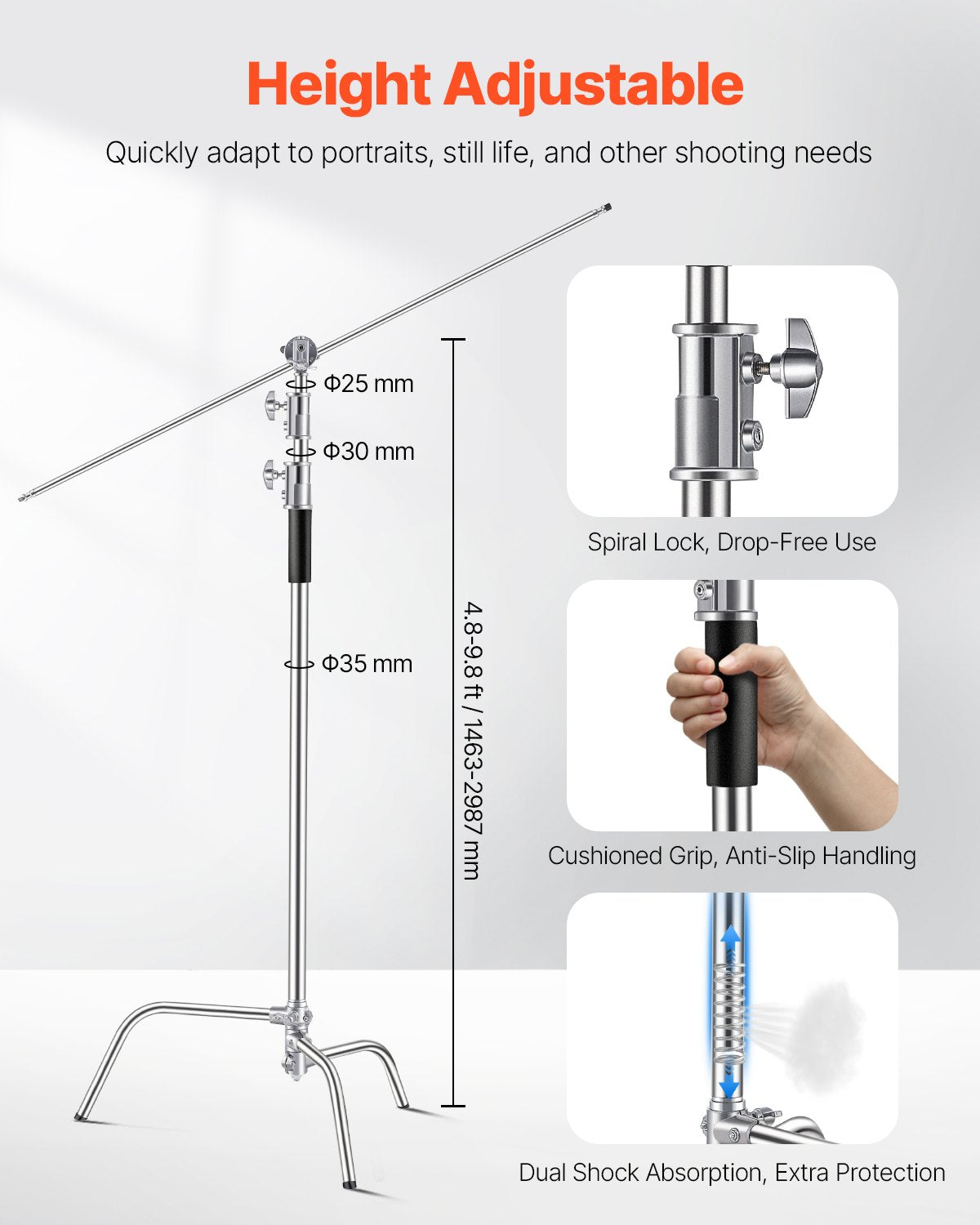C Tripod Max Height 10.83 Feet/330cm Stainless Steel Photo Light Stand