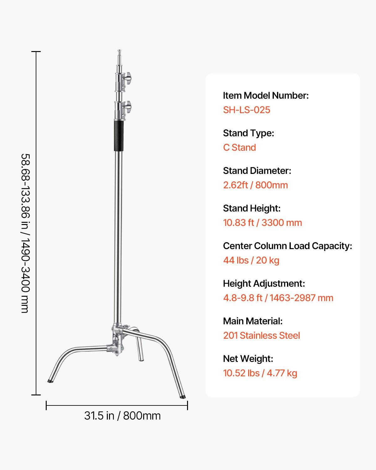 C Tripod Max Height 10.83 Feet/330cm Stainless Steel Photo Light Stand