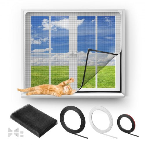 Magnetic Window Screen, 58.27 x 39.17 inch PVC and Fiberglass Mesh, White Frames with Black Magnetic Strip and Wind Clips, No Drilling Easy Installation, Magnetic Screen for House Window