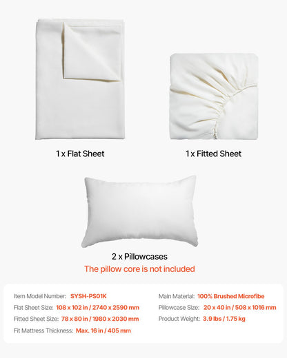 4-Piece Bed Sheet Set - King Size, 100% Brushed Microfiber Bedding Set with 2 Pillowcases, 1 Flat Sheet & 1 Fitted Sheet, Breathable & Wrinkle-Resistant Luxury Bed Sheets for Hotels, Bedrooms