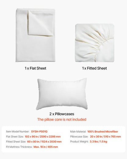 4-Piece Bed Sheet Set - Queen Size, 100% Brushed Microfiber Bedding Set with 2 Pillowcases, 1 Flat Sheet & 1 Fitted Sheet, Breathable & Wrinkle-Resistant Luxury Bed Sheets with 16" Deep Pocket