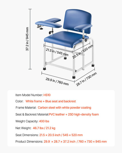 Phlebotomy Chair, Blood Draw Chair with Adjustable Armrests and Flip Arm, 400LBS Loading Blood Drawing Medical Chair with Soft Padded Seat, Easy-to-Clean PVC Leather for Hospitals, Labs, Clinics