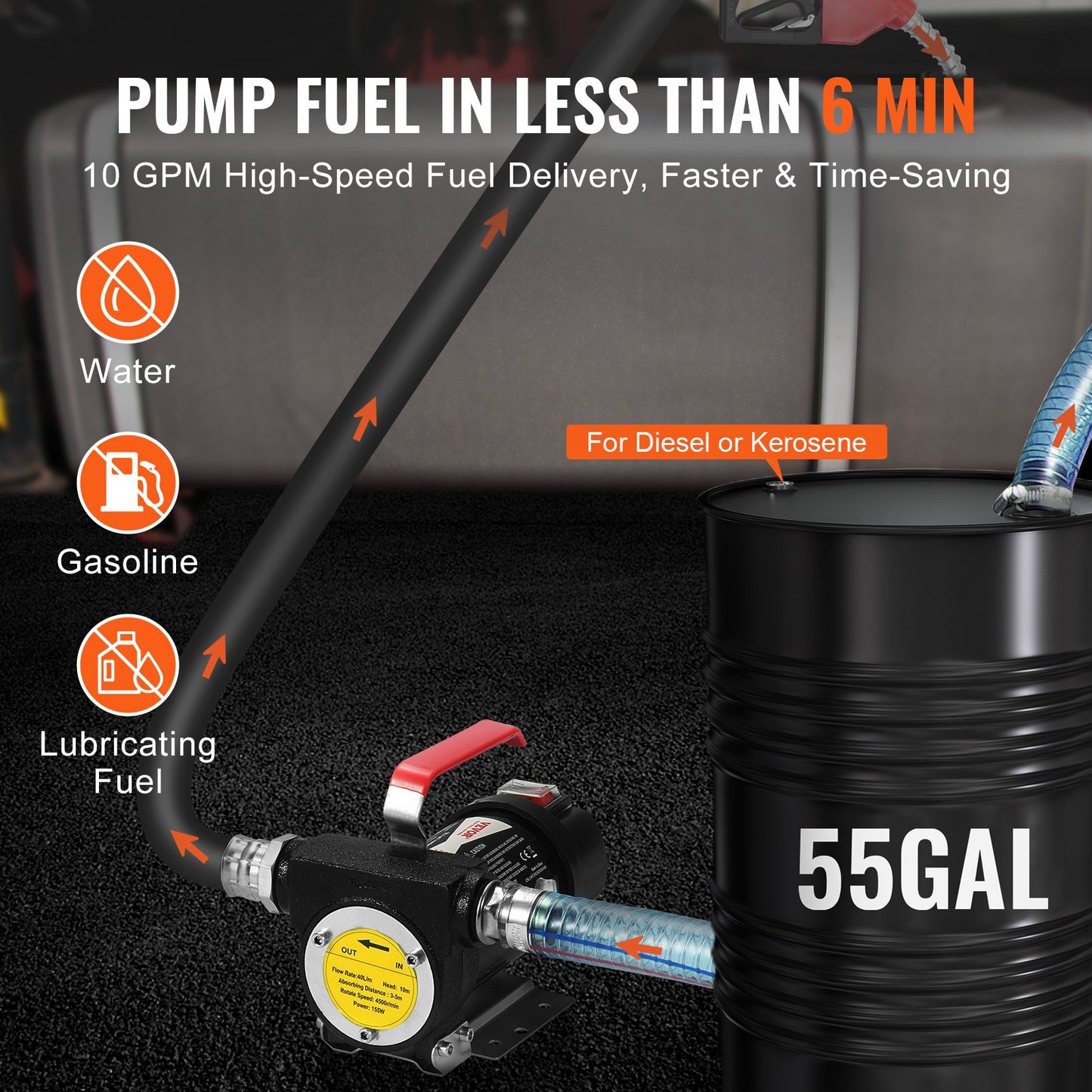 Fuel Transfer Pump 12V 10 GPM 1/4 HP Diesel Pump with Automatic Fuel Nozzle
