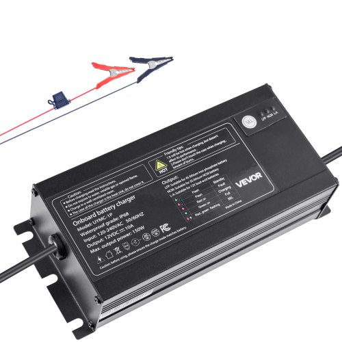 Marine Battery Charger, 1-Bank, 10A 12V Onboard Boat Charger, IP68 Waterproof Smart On-Board Battery Charger, for Lithium-Ion (LiFePO4), NCM, Lead-Acid Batteries, Large Boat, Yacht, RV, Trailer