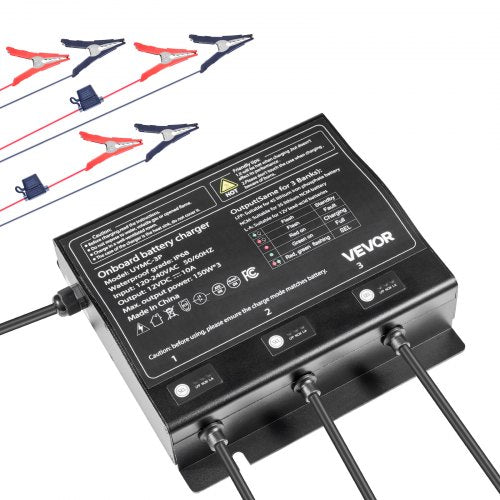 Marine Battery Charger, 3-Bank, 10A 12V Onboard Boat Charger, IP68 Waterproof Smart On-Board Battery Charger, for Lithium-Ion (LiFePO4), NCM, Lead-Acid Batteries, Large Boat, Yacht, RV, Trailer