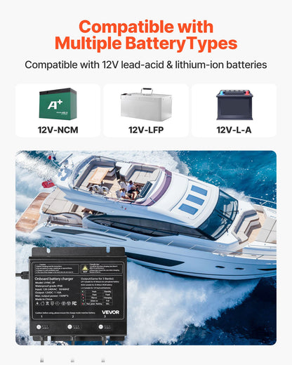 Marine Battery Charger, 3-Bank, 10A 12V Onboard Boat Charger, IP68 Waterproof Smart On-Board Battery Charger, for Lithium-Ion (LiFePO4), NCM, Lead-Acid Batteries, Large Boat, Yacht, RV, Trailer