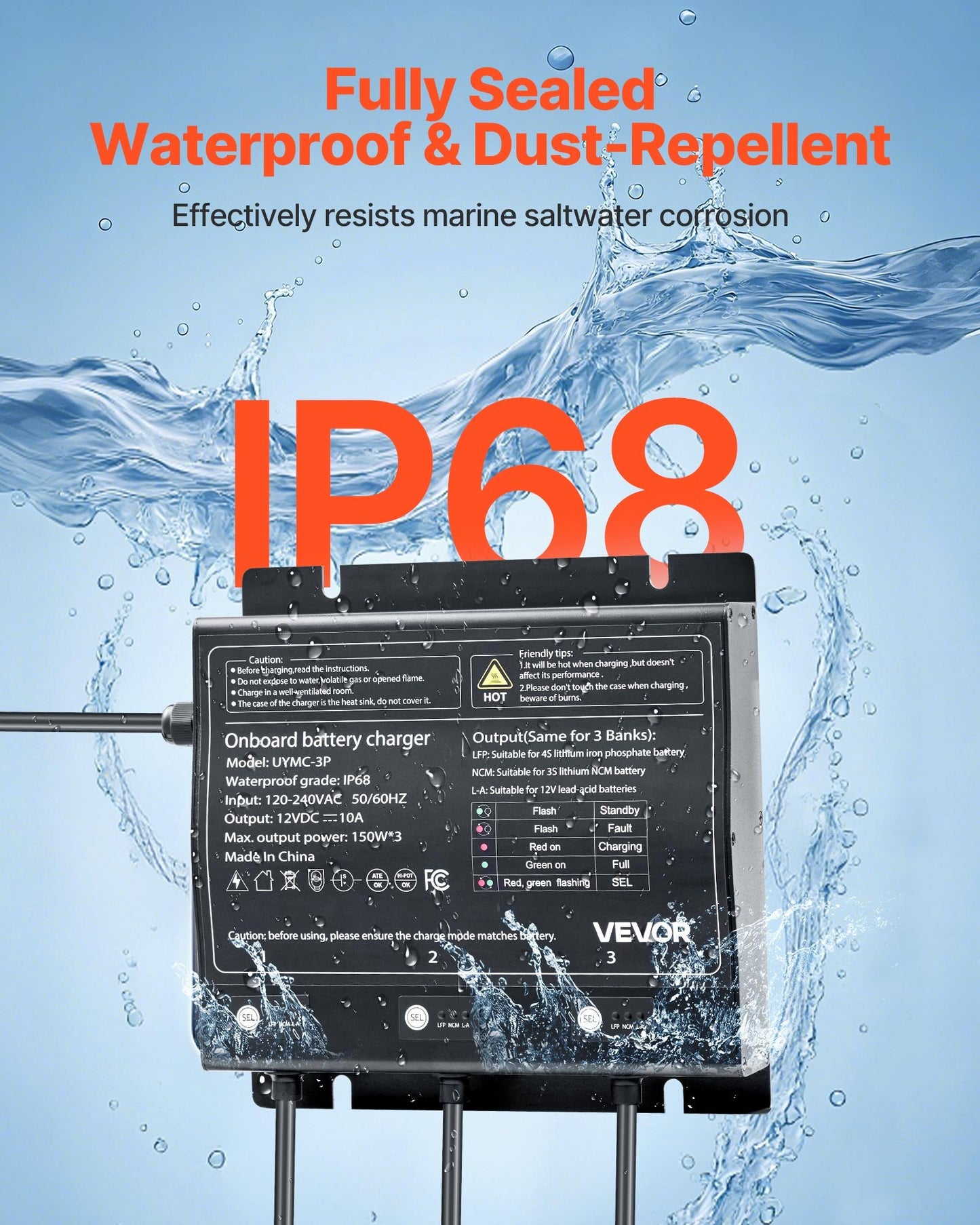 Marine Battery Charger, 3-Bank, 10A 12V Onboard Boat Charger, IP68 Waterproof Smart On-Board Battery Charger, for Lithium-Ion (LiFePO4), NCM, Lead-Acid Batteries, Large Boat, Yacht, RV, Trailer