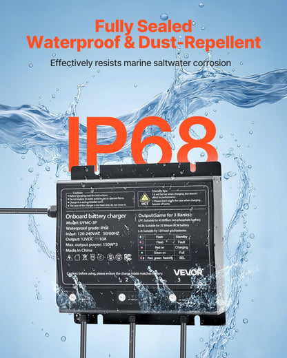 Marine Battery Charger, 3-Bank, 10A 12V Onboard Boat Charger, IP68 Waterproof Smart On-Board Battery Charger, for Lithium-Ion (LiFePO4), NCM, Lead-Acid Batteries, Large Boat, Yacht, RV, Trailer