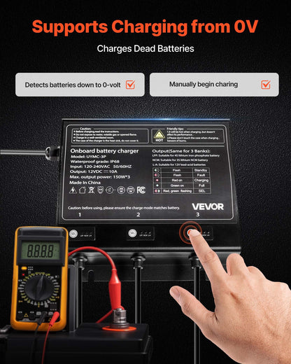 Marine Battery Charger, 3-Bank, 10A 12V Onboard Boat Charger, IP68 Waterproof Smart On-Board Battery Charger, for Lithium-Ion (LiFePO4), NCM, Lead-Acid Batteries, Large Boat, Yacht, RV, Trailer