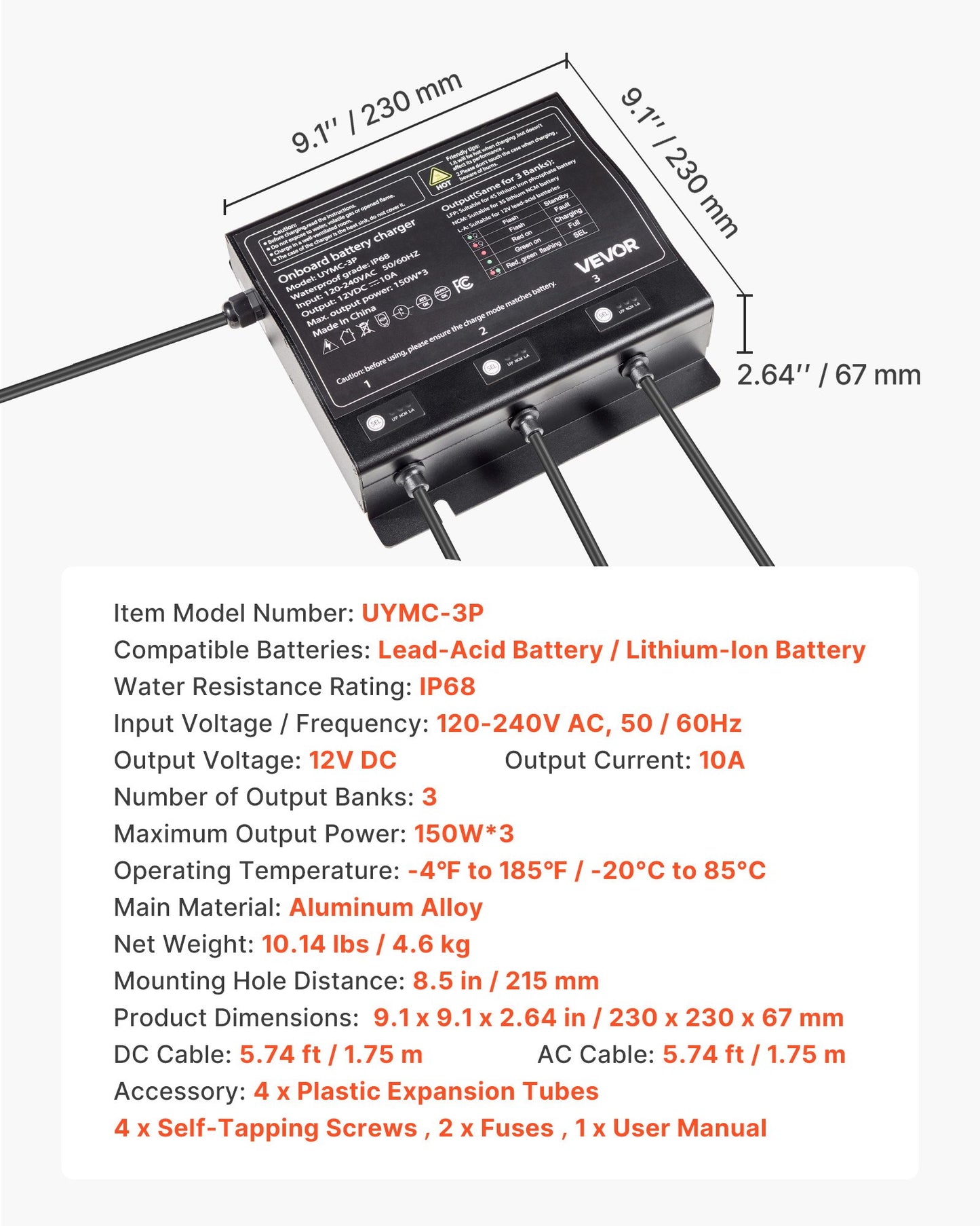 Marine Battery Charger, 3-Bank, 10A 12V Onboard Boat Charger, IP68 Waterproof Smart On-Board Battery Charger, for Lithium-Ion (LiFePO4), NCM, Lead-Acid Batteries, Large Boat, Yacht, RV, Trailer