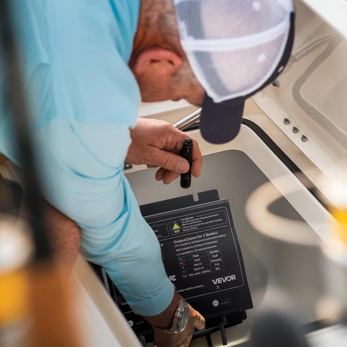 Marine Battery Charger, 3-Bank, 10A 12V Onboard Boat Charger, IP68 Waterproof Smart On-Board Battery Charger, for Lithium-Ion (LiFePO4), NCM, Lead-Acid Batteries, Large Boat, Yacht, RV, Trailer