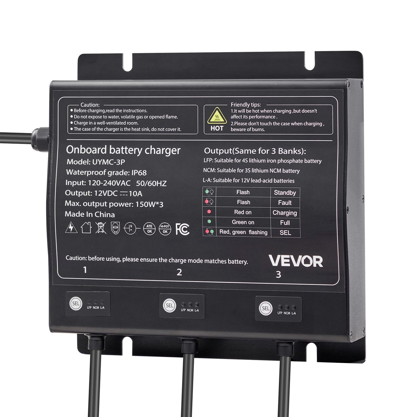 Marine Battery Charger, 3-Bank, 10A 12V Onboard Boat Charger, IP68 Waterproof Smart On-Board Battery Charger, for Lithium-Ion (LiFePO4), NCM, Lead-Acid Batteries, Large Boat, Yacht, RV, Trailer