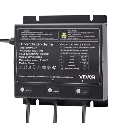 Marine Battery Charger, 3-Bank, 10A 12V Onboard Boat Charger, IP68 Waterproof Smart On-Board Battery Charger, for Lithium-Ion (LiFePO4), NCM, Lead-Acid Batteries, Large Boat, Yacht, RV, Trailer