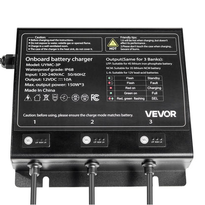 Marine Battery Charger, 3-Bank, 10A 12V Onboard Boat Charger, IP68 Waterproof Smart On-Board Battery Charger, for Lithium-Ion (LiFePO4), NCM, Lead-Acid Batteries, Large Boat, Yacht, RV, Trailer