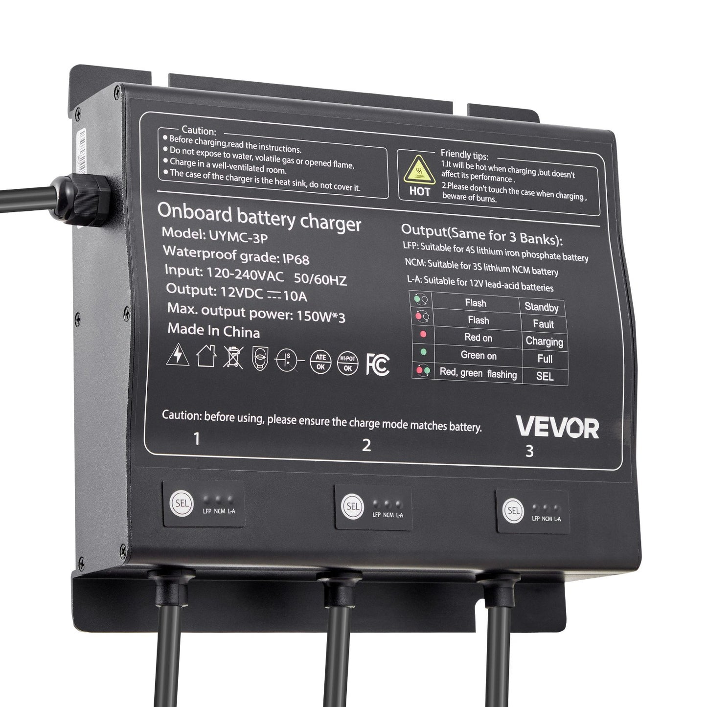 Marine Battery Charger, 3-Bank, 10A 12V Onboard Boat Charger, IP68 Waterproof Smart On-Board Battery Charger, for Lithium-Ion (LiFePO4), NCM, Lead-Acid Batteries, Large Boat, Yacht, RV, Trailer