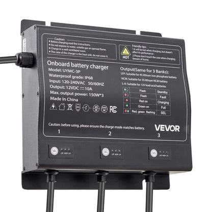 Marine Battery Charger, 3-Bank, 10A 12V Onboard Boat Charger, IP68 Waterproof Smart On-Board Battery Charger, for Lithium-Ion (LiFePO4), NCM, Lead-Acid Batteries, Large Boat, Yacht, RV, Trailer