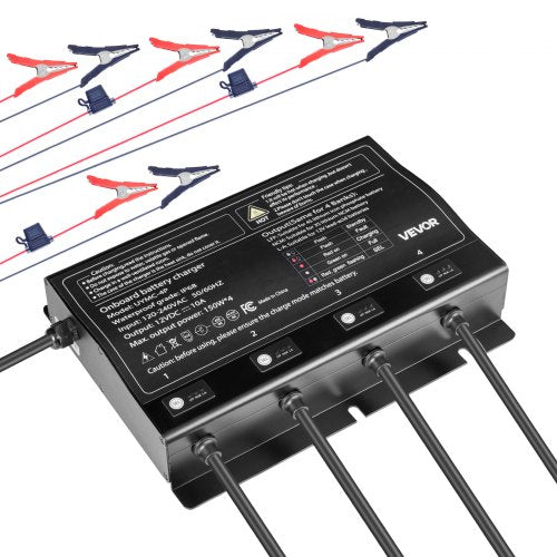 Marine Battery Charger, 4-Bank, 10A 12V Onboard Boat Charger, IP68 Waterproof Smart On-Board Battery Charger, for Lithium-Ion (LiFePO4), NCM, Lead-Acid Batteries, Large Boat, Yacht, RV, Trailer