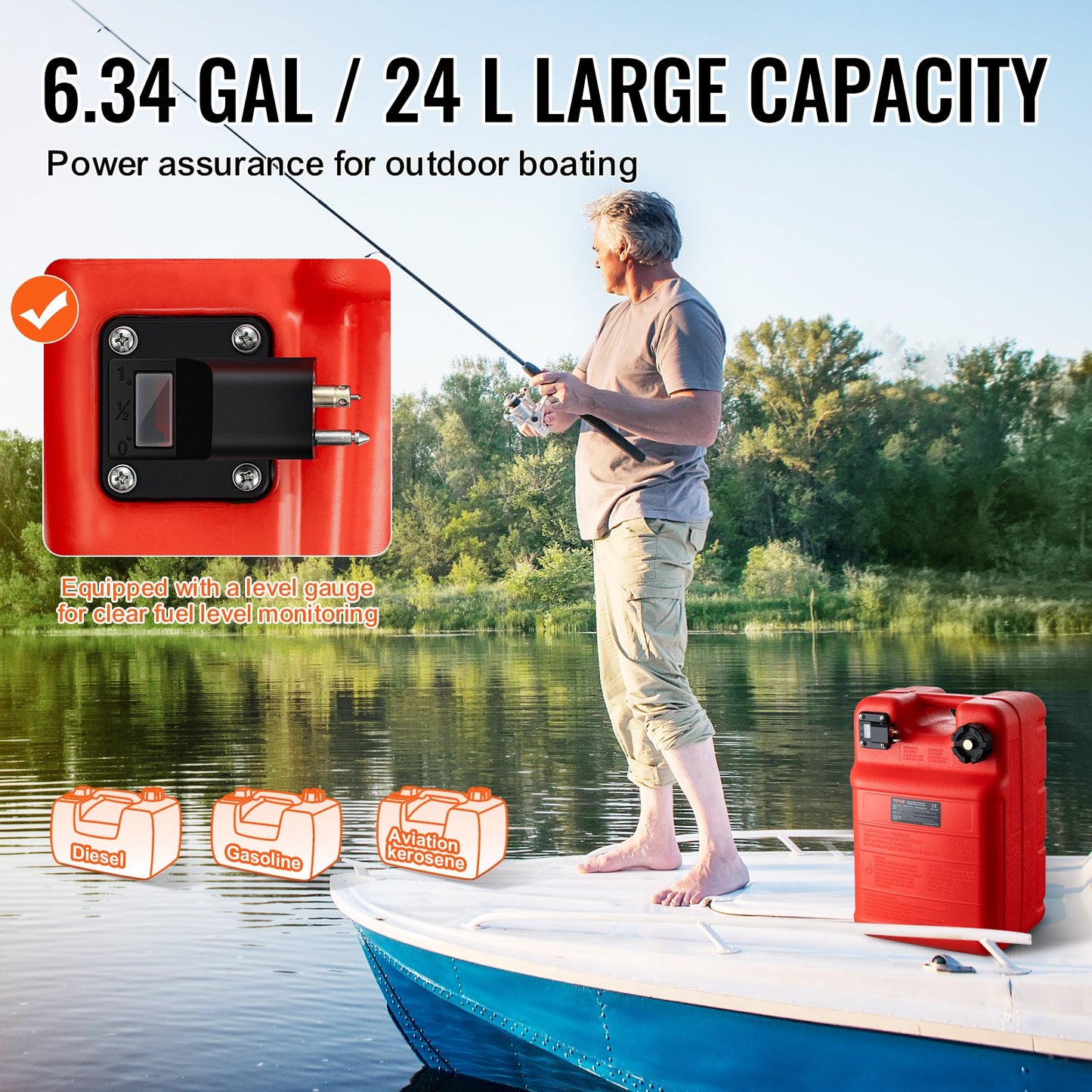 Marine Tank, 6.34-Gallon/24-L Marine Portable Tank Outboard Marine Boat Transfer Tank with 9.8ft Hose, Gauge for Outboard Engine Boats, Yacht, Fishing Boat, Deck Boat, Red