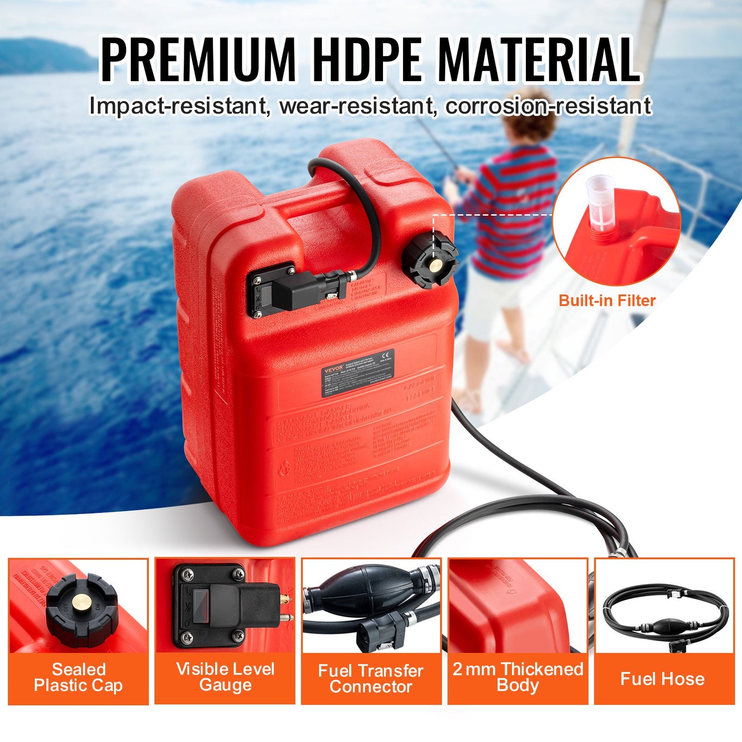 Marine Tank, 6.34-Gallon/24-L Marine Portable Tank Outboard Marine Boat Transfer Tank with 9.8ft Hose, Gauge for Outboard Engine Boats, Yacht, Fishing Boat, Deck Boat, Red