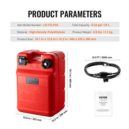 Marinbränsletank, 6,34 gallon/24L, bärbar bränslegastank för båtar för utombordsmotorbåtar, bränsletank för utombordare i plast med slang, lätt att bära för yacht, fiskebåt, däcksbåt, röd