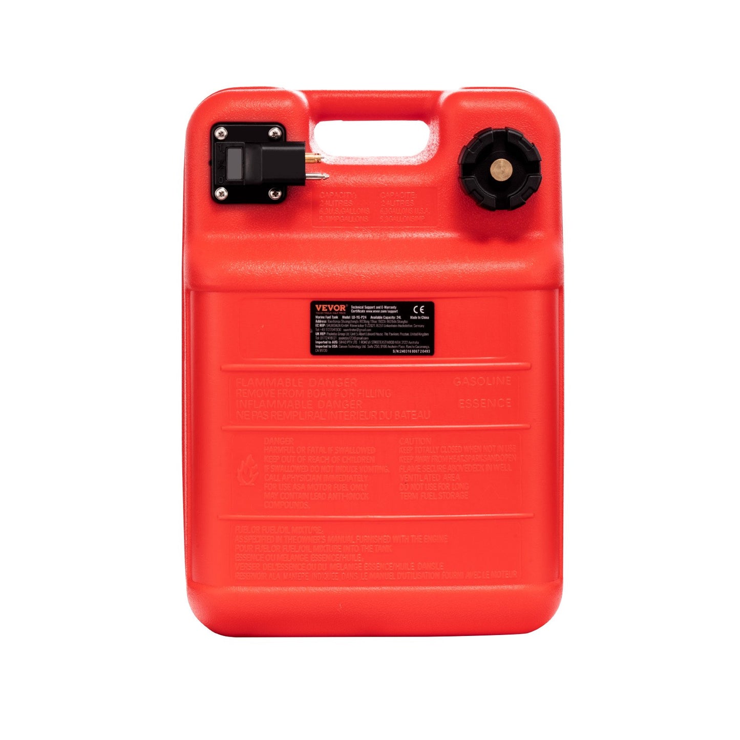 Marinbränsletank, 6,34 gallon/24L, bärbar bränslegastank för båtar för utombordsmotorbåtar, bränsletank för utombordare i plast med slang, lätt att bära för yacht, fiskebåt, däcksbåt, röd