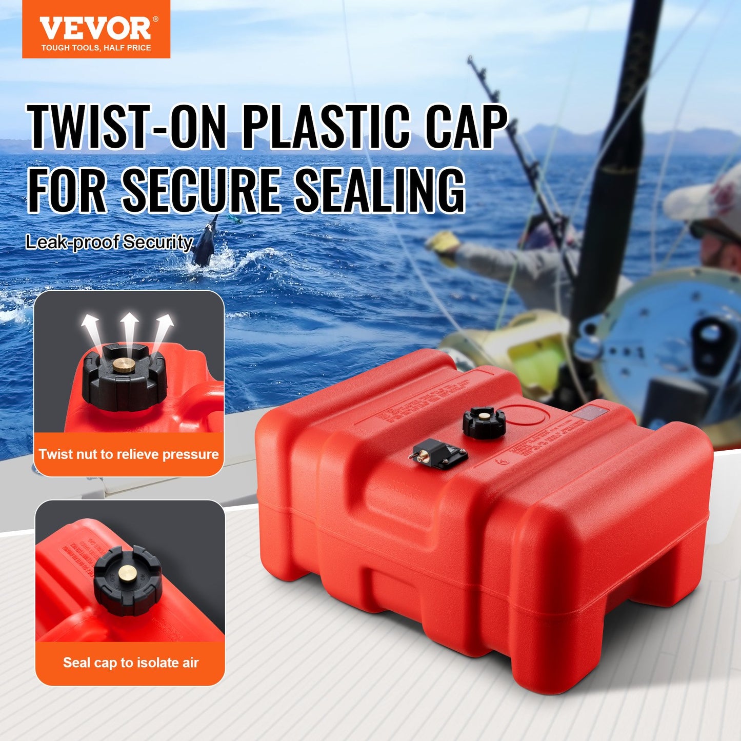 Marine-Kraftstofftank, 14,53 Gallonen/55 l, tragbarer Marine-Kraftstofftank für Außenbordmotorboote, Außenbord-Marineboot-Kraftstofftank aus Kunststoff mit Schlauch, leicht zu tragen für Yacht, Fischerboot, Deckboot, rot