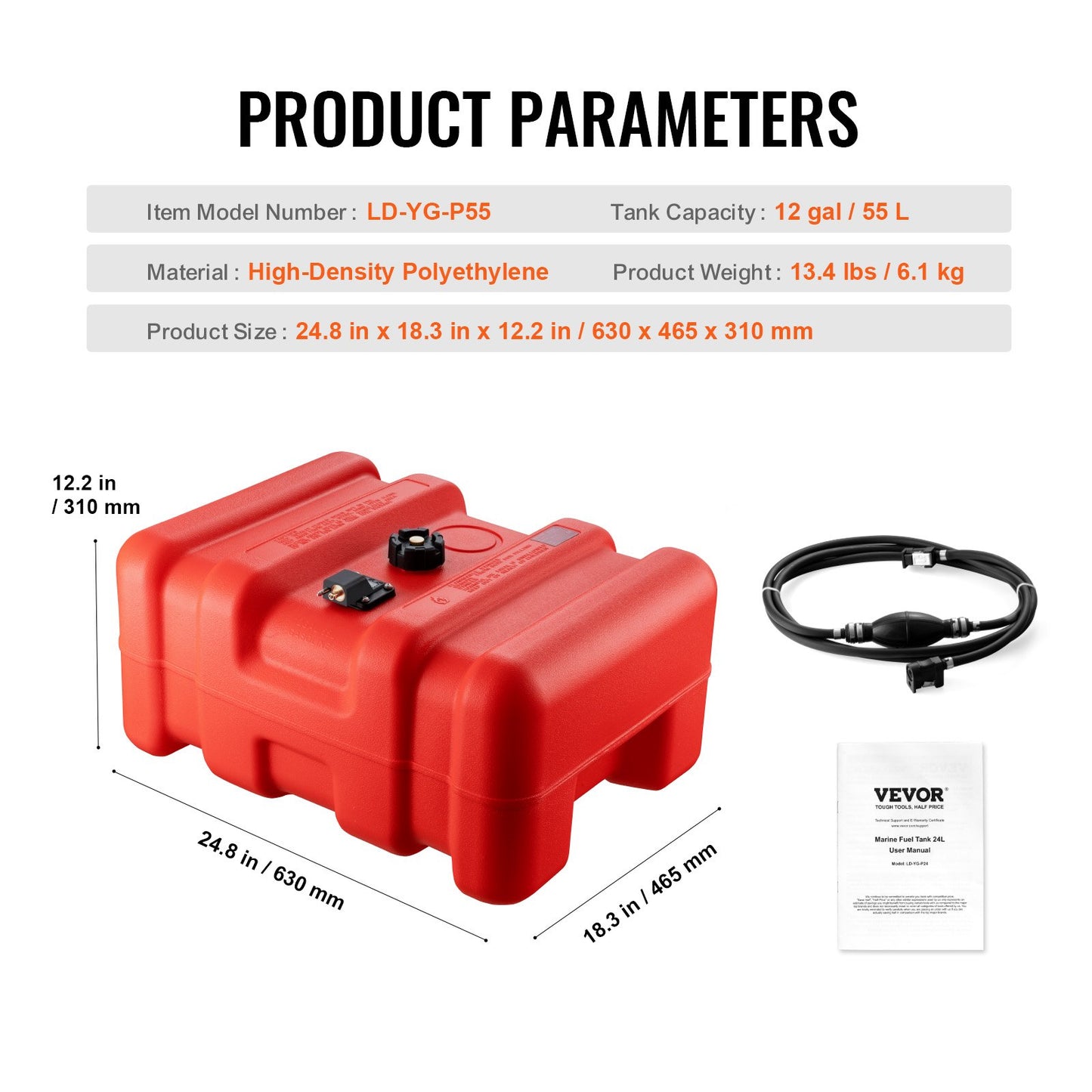 Marine-Kraftstofftank, 14,53 Gallonen/55 l, tragbarer Marine-Kraftstofftank für Außenbordmotorboote, Außenbord-Marineboot-Kraftstofftank aus Kunststoff mit Schlauch, leicht zu tragen für Yacht, Fischerboot, Deckboot, rot