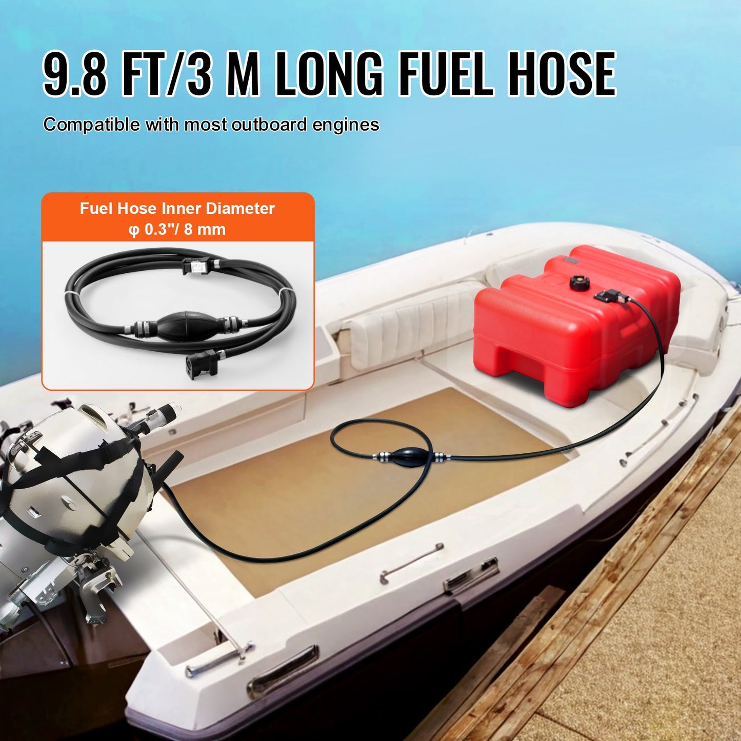 Portable Fuel Tank, 12 Gallon/55L, Plastic Outboard Marine Tank with Hose, Easy to Carry for Yacht, Fishing, Deck Boats, Red