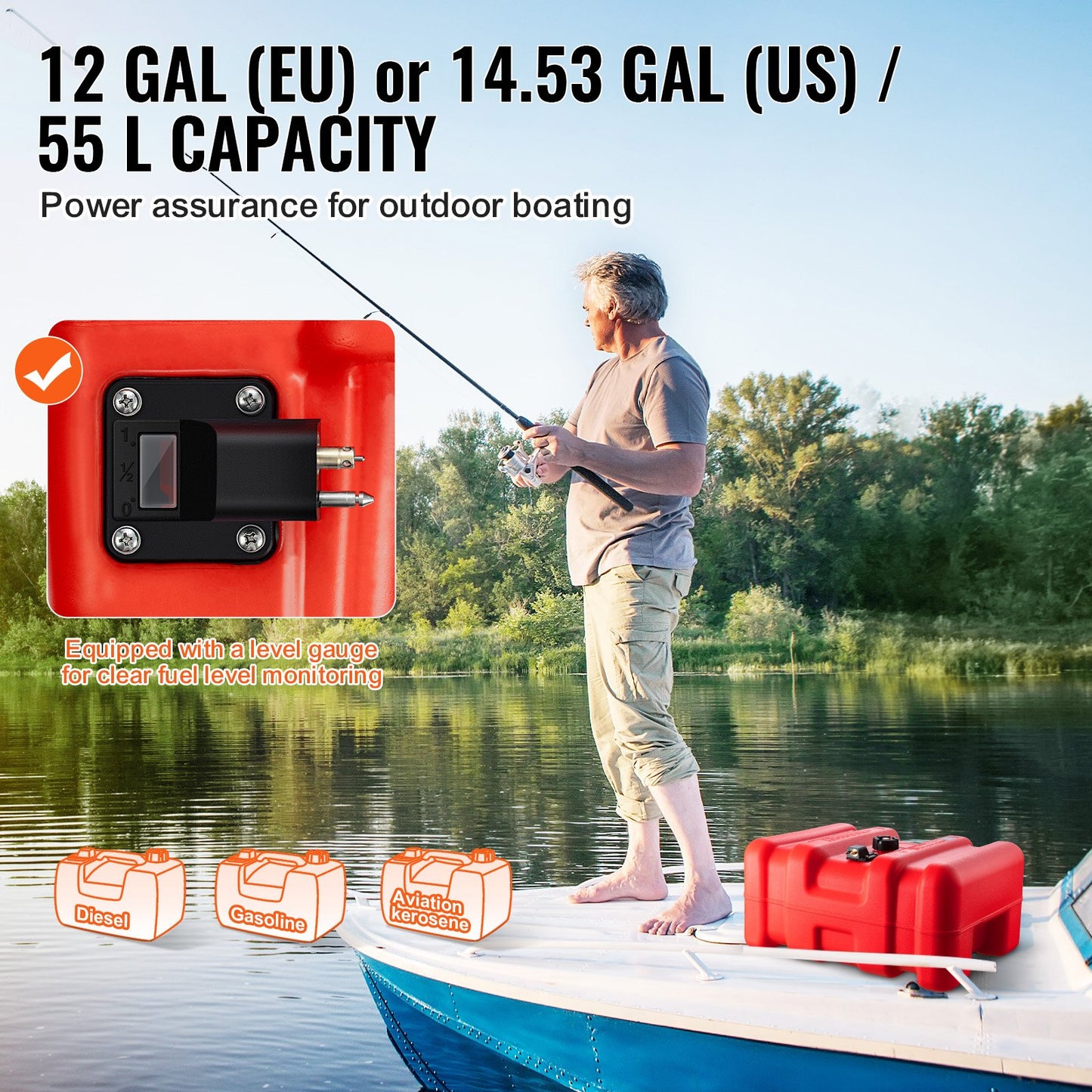 Portable Fuel Tank, 12 Gallon/55L, Plastic Outboard Marine Tank with Hose, Easy to Carry for Yacht, Fishing, Deck Boats, Red