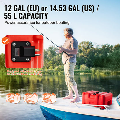 Portable Fuel Tank, 12 Gallon/55L, Plastic Outboard Marine Tank with Hose, Easy to Carry for Yacht, Fishing, Deck Boats, Red