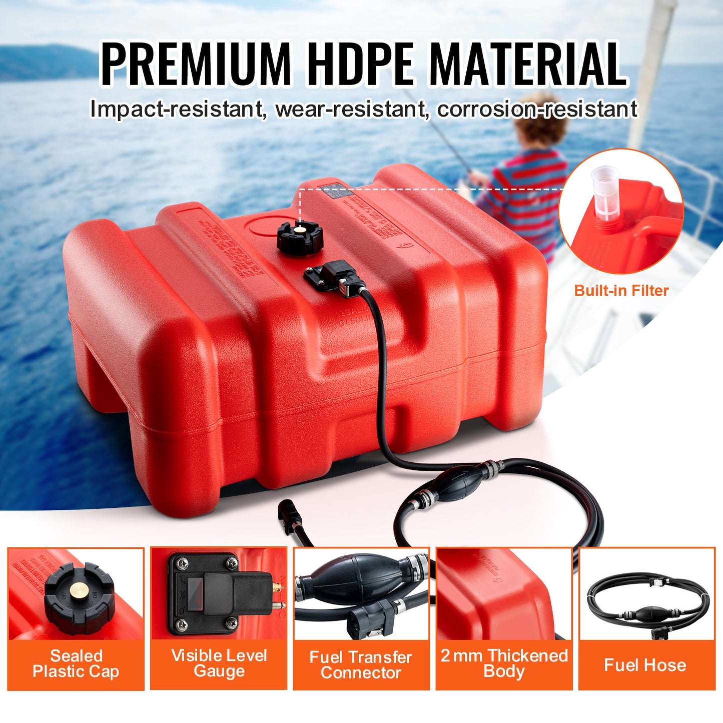 Portable Fuel Tank, 12 Gallon/55L, Plastic Outboard Marine Tank with Hose, Easy to Carry for Yacht, Fishing, Deck Boats, Red