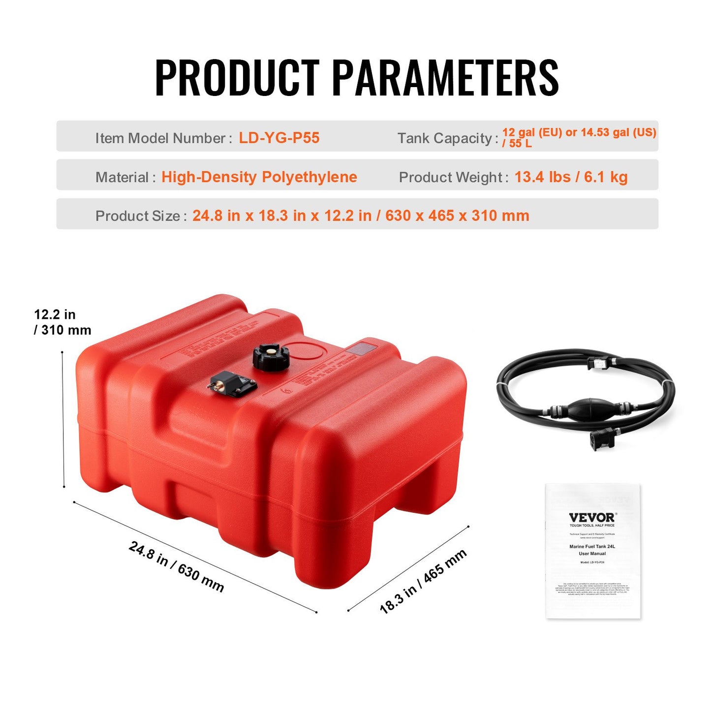 Portable Fuel Tank, 12 Gallon/55L, Plastic Outboard Marine Tank with Hose, Easy to Carry for Yacht, Fishing, Deck Boats, Red